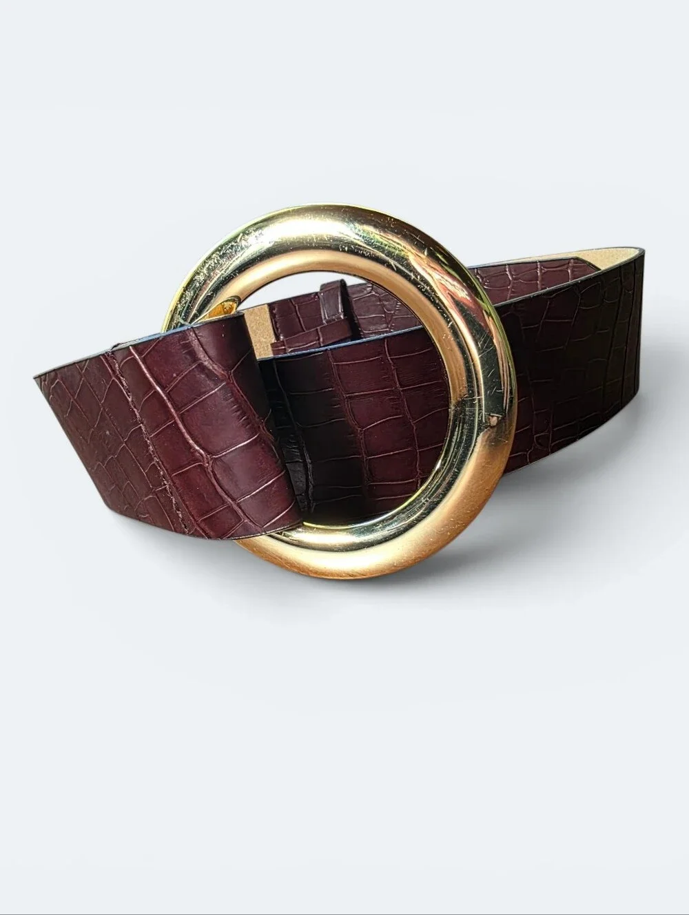 Genuine Leather Croc Embossed O-Ring Belt Gold Round Buckle Dark Brown L